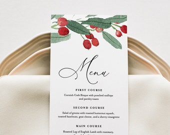 Menu Template, Winter Wedding Menu, Christmas Dinner Menu, Printable DIY Holly Menu, INSTANT DOWNLOAD, Editable Text, 2 Sizes #071-133WM