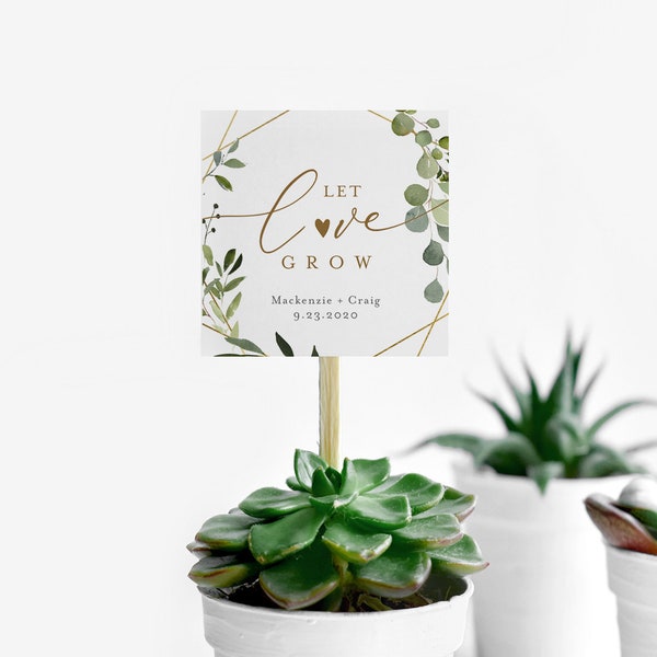 Plantilla de etiqueta Let Love Grow, etiqueta de favor de boda verde, etiqueta de favor de despedida de soltera, etiqueta de ducha de bebé, 100% editable, favor de planta #056-132SF