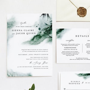 Mystic Waters Wedding Invitation Set, Emerald Lake Watercolor Invite, RSVP, Detail, Editable Template, Instant Download, Templett #0002A