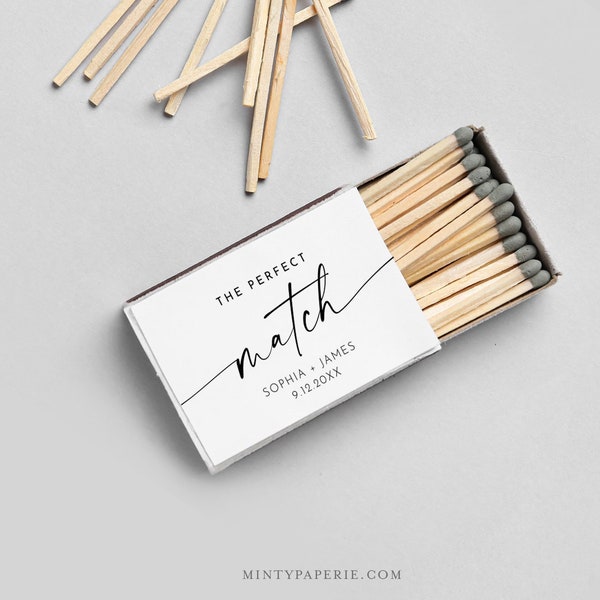 Minimalist Matchbox Label, The Perfect Match, Customized Wedding Favor Matches, Sticker, Editable Template, Instant Download #0034W-102MBL