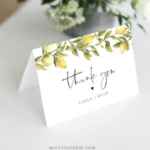 Plantilla de tarjeta de agradecimiento, gracias de boda de limón, despedida de soltera gracias tarjeta doblada, tarjeta de nota, descarga instantánea, Templett #089-138TYC