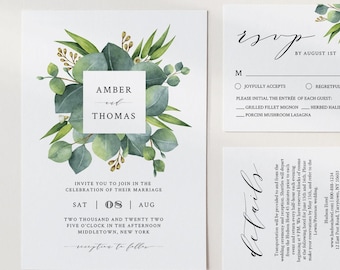 Eucalyptus Wedding Invitation Set Template, INSTANT DOWNLOAD, 100% Editable, Greenery, Printable Invite, RSVP, Detail, Templett #036B