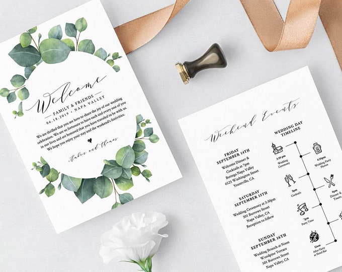 Eucalyptus Welcome Letter & Timeline Template, Wedding Bag Note, Order of Events, INSTANT DOWNLOAD, 100% Editable Text, Templett #036-119WB