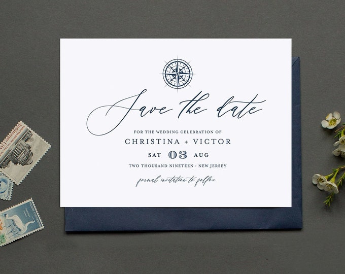 Nautical Save the Date Template, Destination Wedding, Printable Beach Save the Date, Compass Rose, INSTANT DOWNLOAD, 100% Editable 053-139SD