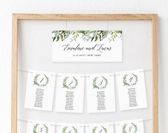 Greenery Seating Chart Template, Hanging Seating Cards, Wedding Seating Plan, INSTANT DOWNLOAD, Editable, Templett #016-106SP