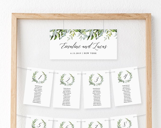 Greenery Seating Chart Template, Hanging Seating Cards, Wedding Seating Plan, INSTANT DOWNLOAD, Editable, Templett #016-106SP