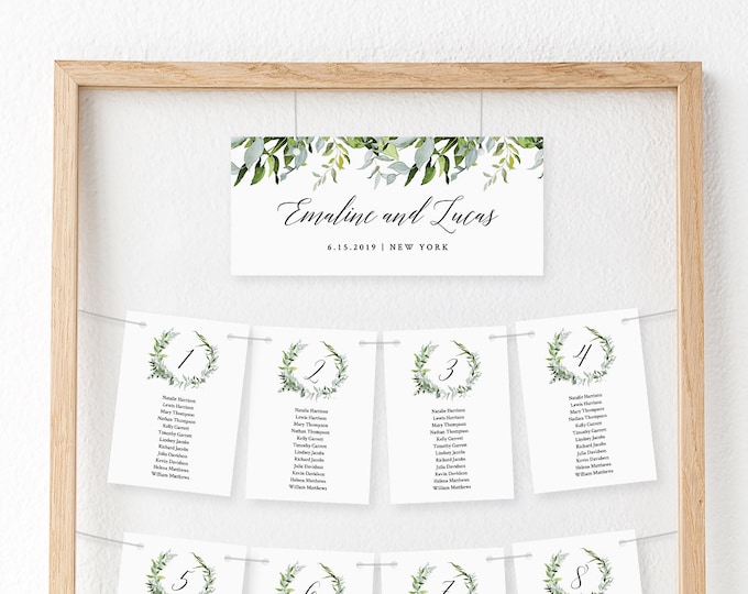 Greenery Seating Chart Template, Hanging Seating Cards, Wedding Seating Plan, INSTANT DOWNLOAD, Editable, Templett #016-106SP