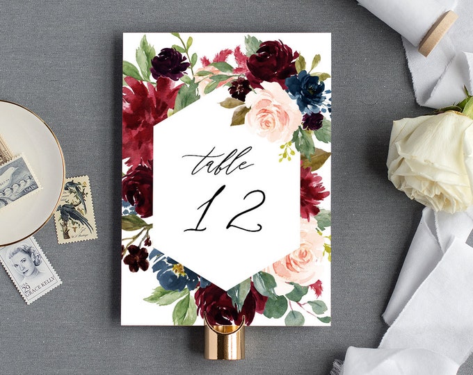 Table Number Template, Boho Wedding Table Card Printable, INSTANT DOWNLOAD, 100% Editable Text, Merlot & Blush Florals, Templett  #062-130TC