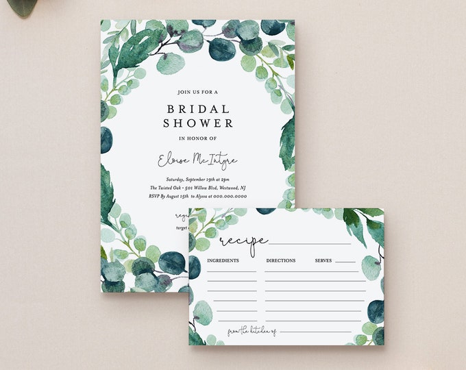 Bridal Shower Invitation & Recipe Card Set, Editable Template, Boho Garden Greenery Wedding Shower, Instant Download, Printable #068B-188BS