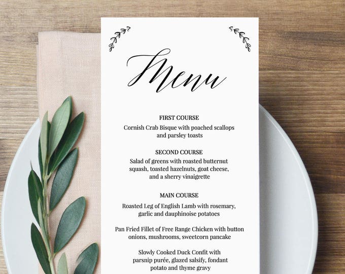 Menu Template, Wedding Dinner Menu Printable, 100% Editable Template, Modern Calligraphy Menu, Instant Download, Templett, DIY #034-103WM