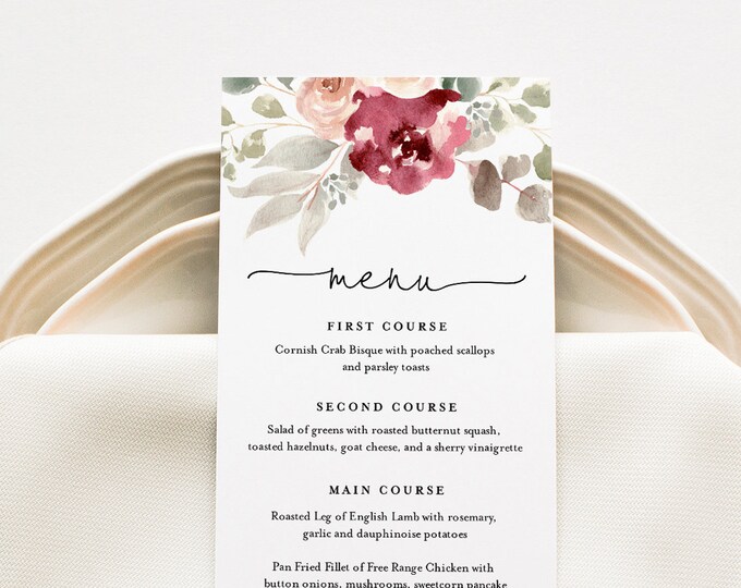 Boho Menu Card Template, Dinner Menu for Wedding, Bridal Shower, Baby Shower, 100% Editable Text, Instant Download, Templett #065-150WM