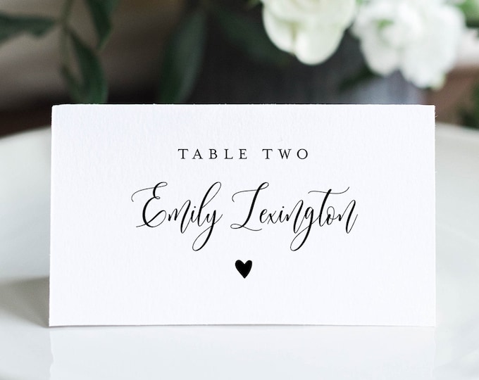 Elegant Wedding Place Card Template, 100% Editable, Printable Escort Card, Modern Script Name Card, Heart, Templett, Flat and Tent 008-149PC