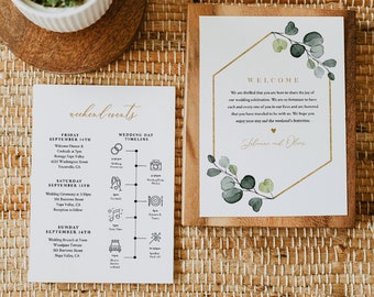Greenery Welcome Letter & Timeline Template, Bohemian Wedding Order of Events, Itinerary, INSTANT DOWNLOAD, 100% Editable Text #007-156WB