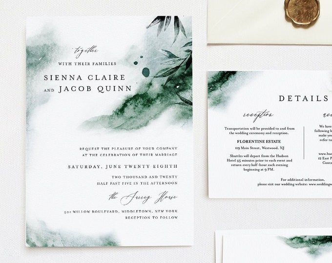 Mystic Waters Wedding Invitation Set, Emerald Lake Watercolor Invite, RSVP, Detail, Editable Template, Instant Download, Templett #0002A