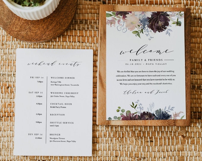 Welcome Bag Letter Template, Printable Welcome Note & Itinerary / Agenda, INSTANT DOWNLOAD, 100% Editable, Boho Floral Wedding #040-111WB