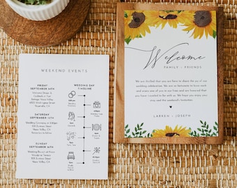 Sunflower Wedding Welcome Letter & Timeline Template, Wedding Order of Events, Itinerary, INSTANT DOWNLOAD, 100% Editable Text #0010-159WB