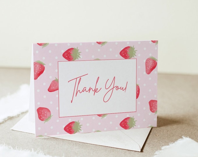 Strawberry Thank You Card, Summer Birthday, Baby Shower Thank You Note, Editable Template, Flat & Tent Cards, Templett, 3.5x5 #0041-219TYC