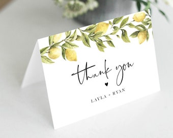 Thank You Card Template, Lemon Wedding Thank You, Bridal Shower Thank You Folded Card, Note Card, Instant Download, Templett #089-138TYC