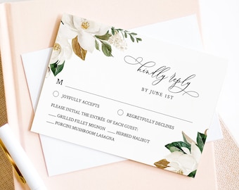 Magnolia RSVP Card Template, INSTANT DOWNLOAD, 100% Editable Text, Printable Response Postcard, Wedding Reply Card, Templett #015-rsvp