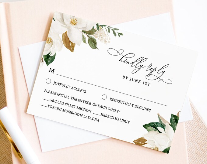 Magnolia RSVP Card Template, INSTANT DOWNLOAD, 100% Editable Text, Printable Response Postcard, Wedding Reply Card, Templett #015-rsvp