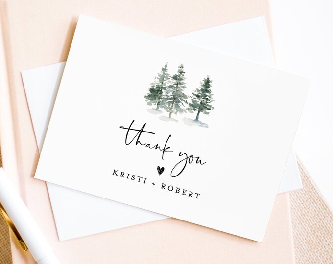 Rustic Pine Thank You Note Card Template, Printable Woodland Wedding / Bridal Shower Folded Card, INSTANT DOWNLOAD, Editable #073-125TYC