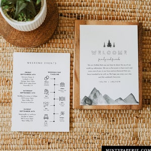 Mountain Wedding Welcome Letter & Timeline Template, Editable Woodland Pine Wedding Order of Events, Itinerary, INSTANT DOWNLOAD #0015-163WB