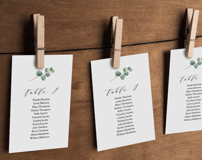 Eucalyptus Seating Chart Template, Greenery Wedding Seating Plan, Hanging Cards, 100% Editable Text, Instant Download, Templett #036-112SP