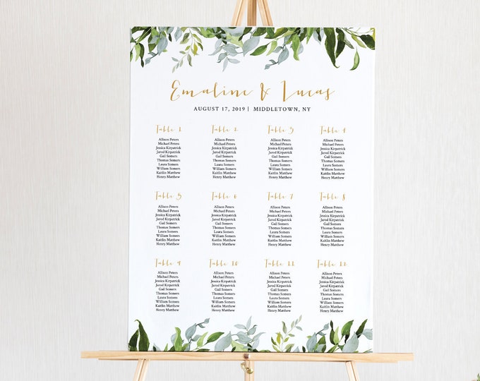 Editable Seating Chart Template, Printable Wedding Seating Sign, Instant Download, Greenery Boho Wedding, US & UK Poster Size #016-223SC