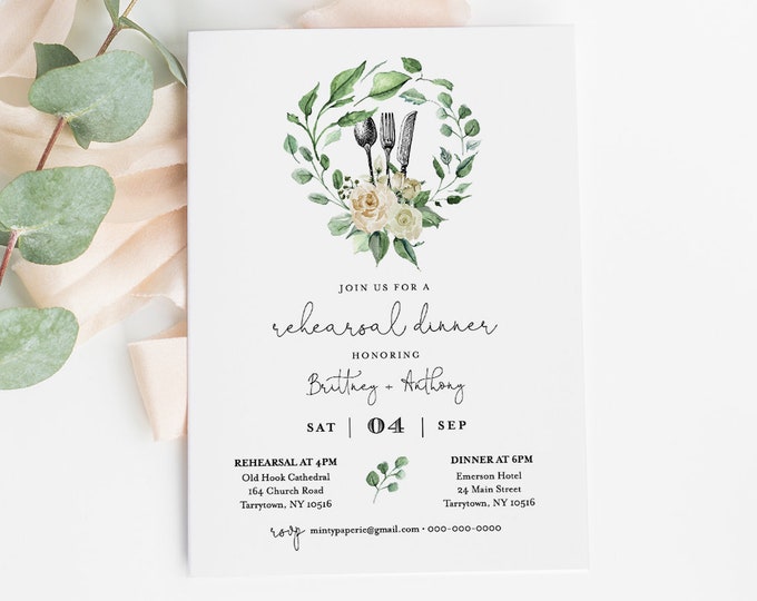 Greenery Rehearsal Dinner Invitation Template, Printable Wedding Rehearsal Invite, INSTANT DOWNLOAD, 100% Editable Text, DIY #057-135RD