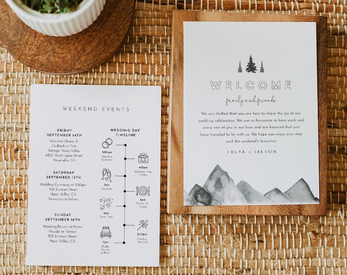 Mountain Wedding Welcome Letter & Timeline Template, Editable Woodland Pine Wedding Order of Events, Itinerary, INSTANT DOWNLOAD #0015-163WB