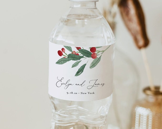 Holly Water Bottle Label Template, Winter Wedding Water Sticker, Printable, 100% Editable Text, Instant Download, Templett #071-125BL