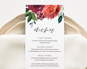 Wedding Menu Card Template, Dinner Menu, Summer Orange Floral Menu Card Printable, 100% Editable Text, Instant Download, Templett #002-147WM