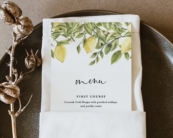 Lemon Menu Template, Summer Wedding Dinner Menu Card, Printable Citrus Menu, 100% Editable Text, Instant Download, Templett, DIY #089-183WM