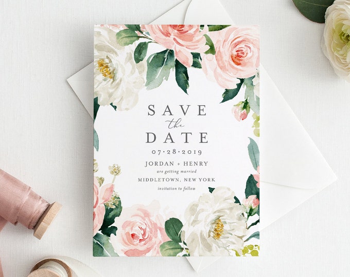 Vintage Floral Save the Date Template, Printable Wedding Date Card, Instant Download, 100% Editable, Templett, Watercolor, DIY #043-124SD