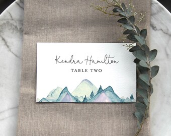 Mountain Place Card Template, Printable Rustic Pine Wedding Buffet Card with Meal Option, INSTANT DOWNLOAD, Editable, Templett #063-140PC