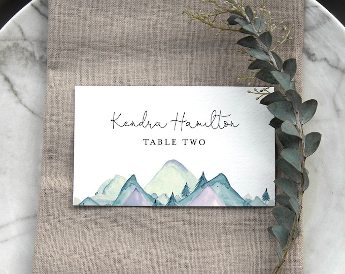 Mountain Place Card Template, Printable Rustic Pine Wedding Escort Card with Meal Option, INSTANT DOWNLOAD, Editable, Templett #063-140PC