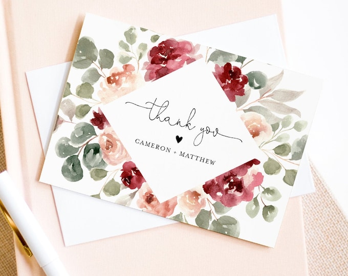 Thank You Note Card Template, Printable Watercolor Boho Floral Wedding / Bridal Shower Folded Card, INSTANT DOWNLOAD, Editable #065-135TYC