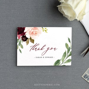 Modèle de carte de remerciement imprimable, Merlot - Blush Boho Floral, carte de mariage pliée, TÉLÉCHARGEMENT INSTANTANÉ, Texte modifiable, Templett #062-112TYC