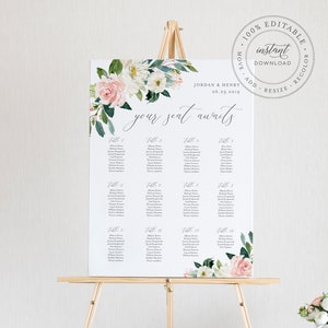 Floral Seating Chart Template, Printable Wedding Seating Sign, Instant Download, 100% bewerkbaar, Boho Wedding, US & UK Poster Size #043-222SC