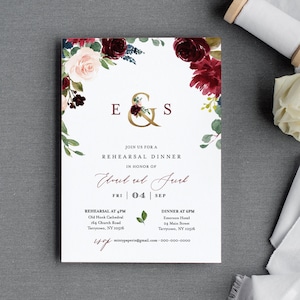 Rehearsal Dinner Template, Printable Rehearsal Invite, INSTANT DOWNLOAD, 100% Editable Text | Merlot Navy Gold Boho Floral, DIY #062-136RD