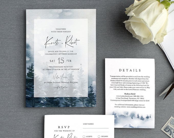 Pine Tree Wedding Invitation Suite Template, Rustic Woodland Winter Reception, Watercolor, 100% Editable Text, INSTANT DOWNLOAD #070A