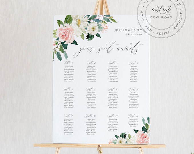 Floral Seating Chart Template, Printable Wedding Seating Sign, Instant Download, 100% Editable, Boho Wedding, US & UK Poster Size #043-222SC