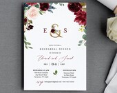 Rehearsal Dinner Template, Printable Rehearsal Invite, INSTANT DOWNLOAD, 100% Editable Text | Merlot Navy Gold Boho Floral, DIY #062-136RD