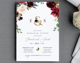 Rehearsal Dinner Template, Printable Rehearsal Invite, INSTANT DOWNLOAD, 100% Editable Text | Merlot Navy Gold Boho Floral, DIY #062-136RD