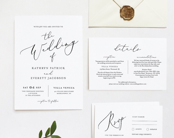 Wedding Invitation Template, INSTANT DOWNLOAD, 100% Editable Template, Minimalist Invite, RSVP & Detail, Printable, Calligraphy, DiY #045B