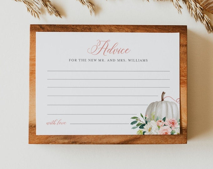 Pumpkin Advice Card Template, Wedding, Bridal / Baby Shower Insert, 100% Editable Text, Printable, Instant Download, Templett #072B-108AC
