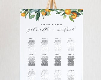 Citrus Wedding Seating Chart Template, Printable Orange Blossom & Greenery Seating Sign, 100% Editable Text, INSTANT DOWNLOAD #084-238SC