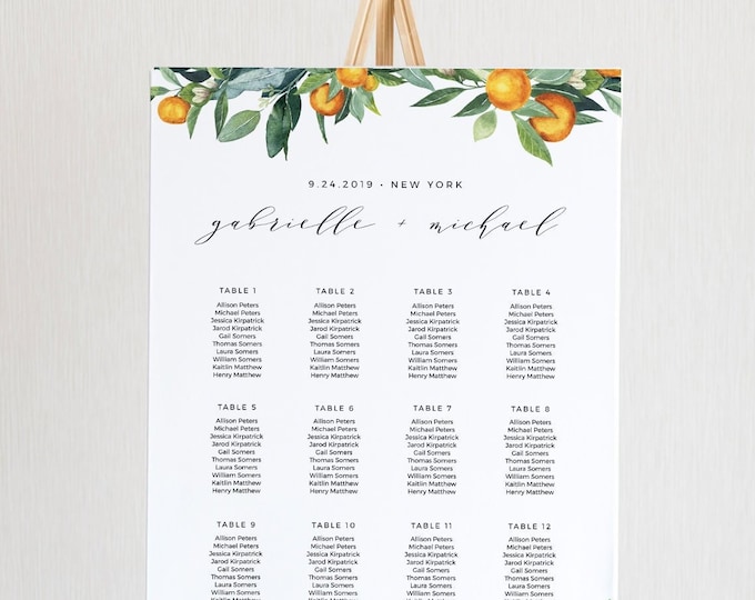 Citrus Wedding Seating Chart Template, Printable Orange Blossom & Greenery Seating Sign, 100% Editable Text, INSTANT DOWNLOAD #084-238SC