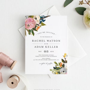 Floral Wedding Invitation Template, Instant Download, Printable Wedding Invite Set / Suite with RSVP & Details, 100% Editable Text #054A