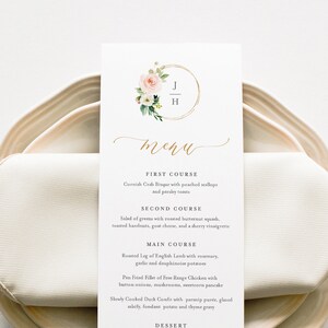 Hochzeit Menü Vorlage, SOFORTIGER DOWNLOAD, druckbare Menükarte für Abendessen, bearbeitbar, Blush Florals, Boho Monogramm Hochzeit, Templett #043-152WM